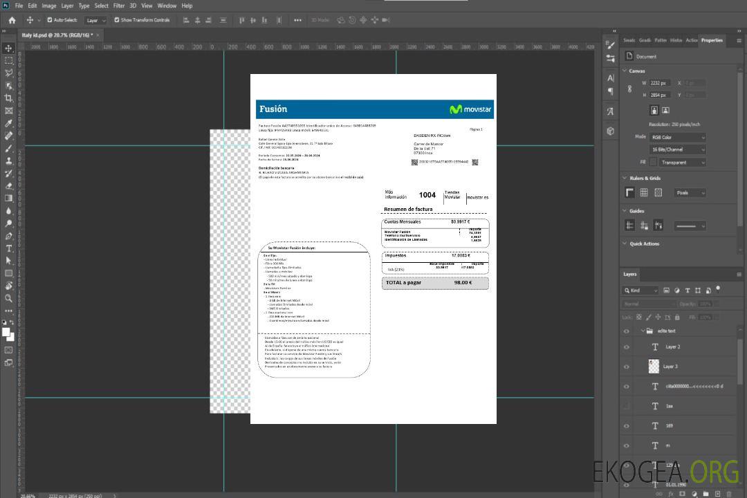 Espagne Movistar Fusion, opérateur de télécommunications, document de facture de services publics aux formats Word et PDF template Espagne Movistar Fusion, opérateur de télécommunications, document de facture de services publics aux formats Word et PDF template